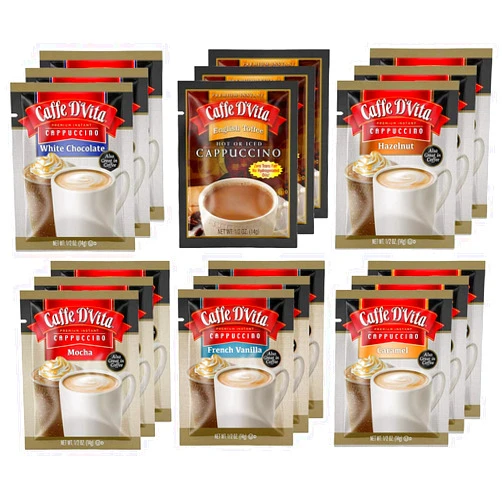 Caffe D'Vita Cappuccino Assortment (White Chocolate, English Toffee, Hazelnut, Mocha, French Vanilla, Caramel) - Instant Cappuccino Mix, Gluten Free - 0.5 oz each, 18 Packets, 6 of Each Flavor