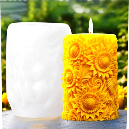 DAMOWANG Flower Silicone Molds Sunflower Candle Molds Blooming Flower Candle Moulds Cylinder Soap Mold Resin Casting Mold 3D Round Flower Resin Molds Silicone Mold for DIY Decor Crafts Supplies (Sunflower)