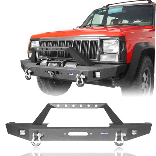 u-Box Cherokee XJ Front Bumper w/Winch Plate & LED Lights Compatible with Jeep Cherokee XJ 1984-2001 - Texture Cherokee Steel Bumper Guard
