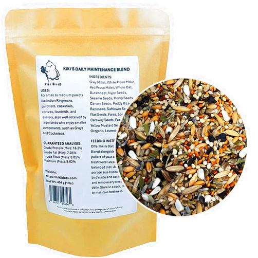 KikiBirds Kiki’s Premium Parrot Food| Protein-Rich Low-Fat Formula | Cockatiel, Conure, Lovebird, Quaker, Parrotlet | No Corn, Soy, Peanuts | Whole Grains & Seeds | Daily Maintenance Blend (1 lb)