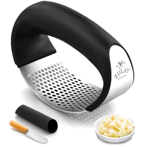 Zulay Kitchen Stainless Steel Garlic Press Rocker Set - Premium Garlic Mincer Garlic Crusher - New Innovative Garlic Crusher with Peeler and Scraper - Comfortable Grip (Black)