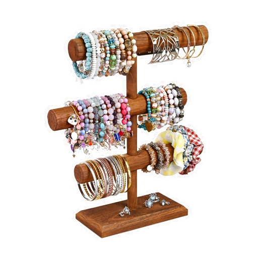 MOOCA Free Assembly 3-Tier Wooden Jewelry Display Stand, Bracelets, Necklaces, Watches, Bangles Holder Stand, Accessory Display Storage Organizer, Brown Color