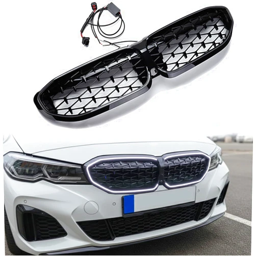 Astra Depot G20 Grill, Mesh Meteor Front Bumper Kidney Grille with White LED light For BMW 51137457041 2019-2022 3 Series G20 G21 316i 318i 320i 328i 330i 335i 340i NOT FIT M3 (Glossy Black)