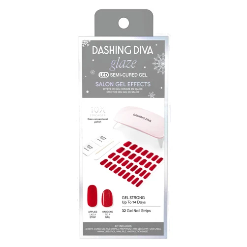 Dashing Diva Glaze Nail Strip Starter Kit - Red Velvette | Works with Any LED Nail Lamp | Long Lasting, Chip Resistant, Gel Nail Strips | 32 Salon Quality Nail Wraps, 2 Prep Pad, 1 Nail File