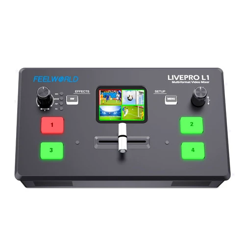 FEELWORLD LIVEPRO L1 V1 Multi Camera Video Mixer Switcher 2 Inch LCD Display 4 x HDMI Inputs USB 3.0 Output Format Real Time Production Live Streaming Lightweight