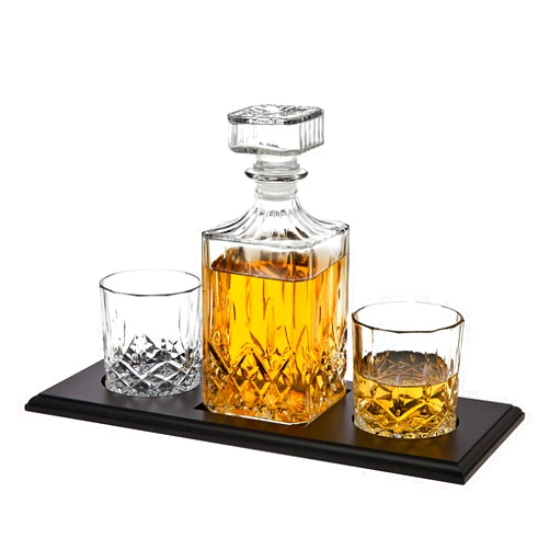 Godinger Whiskey Decanter and Glasses Barware Set, for Liquor Scotch Bourbon Wine or Vodka - Includes 2 Whisky Glasses on Wooden Display Tray Clear