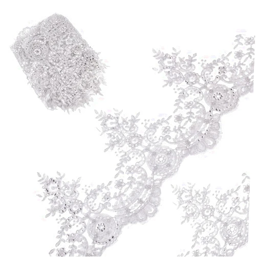 GORGECRAFT 3 Yards 9 Inches Width Metaillic Venice Edging Trimming Sequin Flower Embroidery Lace Ribbon Applique Sewing Lace Trim Floral Lace Crown Edge for Fabric Embroidered Wedding Bridal(Silvery)