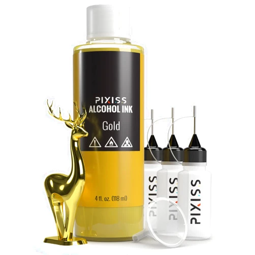 Pixiss Gold Alcohol Ink for Resin - Metallic Alcohol Ink Gold Color 4-Ounce for Epoxy Resin, Tumblers, Resin Art, Alcohol Ink Paper, Gold Pigment Ink, 3 Pixiss Needle Tip Applicator Bottles and Funnel