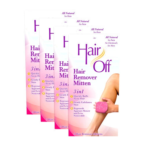 Hair Off Hair Remover Mitten - All-Natural, Painless & Chemical Free - Full Body Hair Removal - Slows & Lessens Regrowth - Exfoliates Skin (3 Mittens Per Box, Pack of 4)