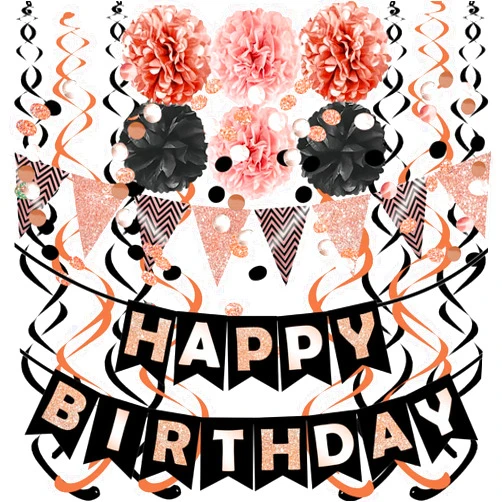 FECEDY Rose Gold Theme Happy Birthday Banner Flag Bunting Paper Circle Confetti Garland Swirl Streamers Honeycomb Ball for Birthday Party Decoration