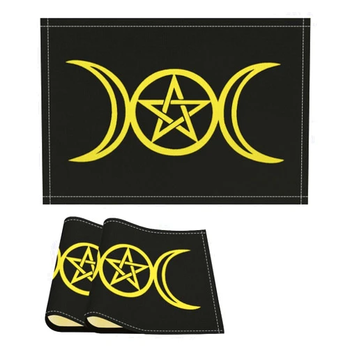 Zenladen022 Triple Moon Pentacle Placemats Washable Heat Resistant Flax Table Mats for Dining Kitchen Decor 2PCS