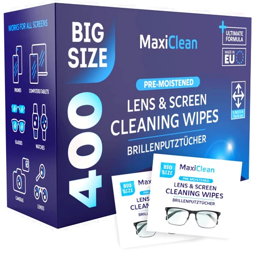 Maxi Clean Glasses Wipes Lens Cleaner - Lens Wipes for Eyeglasses - 400 Pre-moistened Individually Wrapped Wipes for Eye Glasses, Electronics, Phone, Computer, Laptop Screen - Camera Lens Cleaner - Made in EU