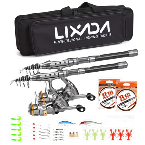 Lixada 2PCS Fishing Pole Combo Set 1.5/1.8/2.1/2.4m Rod Reel Telescopic Fishing Rod Carbon Fiber Spinning Reels Fishing Set with Hooks Soft Lures Barrel Swivels Storage Bag