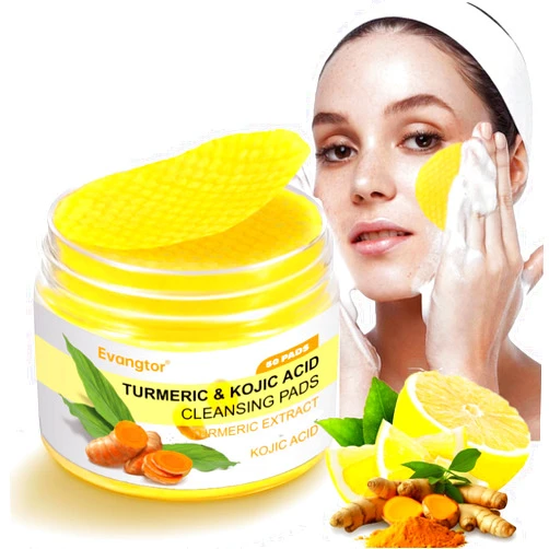 EVANGTOR Kojic Acid and Turmeric Cleansing Pads: for Face & Uneven Skin Wash Facial Skin & Melasma Spot Cleanser with Vitamin C - Organic Gentle Scrub Pad 50PCS for Daily Use and Skin Clarity