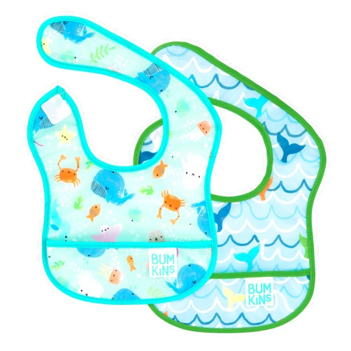 Bumkins Bibs, for Baby Girl or Boy, Infant 3-9 Months, Essential Must Have for Eating, Feeding, Baby Led Weaning Supplies, Mess Saving Waterproof Soft Fabric, Starter Bib 2-pk Blue Ocean Life