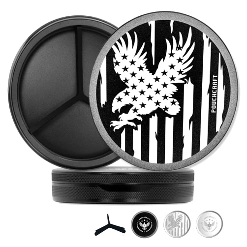 PouchCraft Metal Zyn Can | Zyn Tin | Snus Can | Zyn Holder | Laser Engraved Snus Container | EDC Storage | Moisture-Resistant Pill Container | Gift for Him | (Black, American Flag Design, Tall)