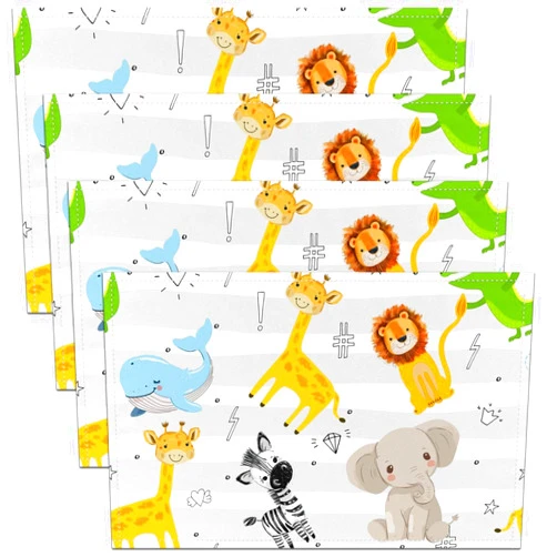 Erosebridal Set of 4 Kids Cartoon Elephant Table Mats 12x18 Inch Cute Giraffe Zebra Lion Placemats Zoo Safari Animals Place Mats Doodle Stripe Style Waterproof Placemats for Boys Girls for Kitchen Table