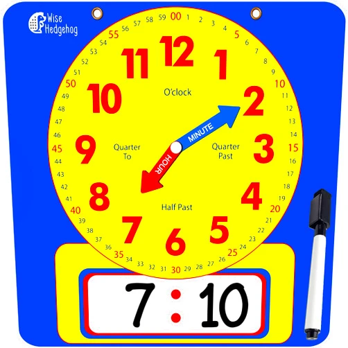 WISE HEDGEHOG Large Dry Erase Magnetic Teaching Demonstration Clock, Kids Telling Time Learning Clock for Analog and Digital Time, Labelled Minute & Hour Hands, for School Classrooms & Homeschool Supplies