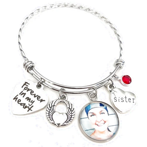 Handmade Photo Memorial Jewelry, Forever in my Heart Loss of Sister Bangle Bracelet- In Memory of Loved One Gifts- Sympathy Gifts, Angel Wing Jewelry for Woman, Remembrance, Loss of Dad Mom Grandma Grandpa
