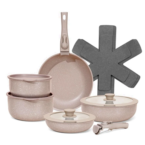 SODAY 15Pcs Pots and Pans Set Non Stick, Cookware Sets with Detachable Handle, Nonstick RV Kitchen Cooking Tools Removable Handles, Oven Safe, Induction Fast, Stackable Induction Cookware, Brown