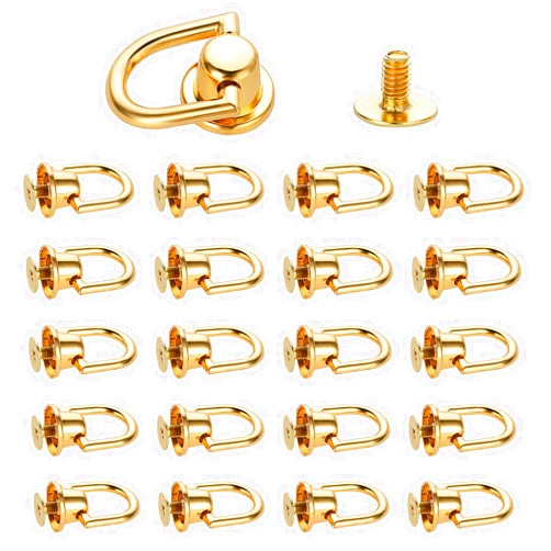 Bremorou 20PCS D Rings for Purse, D Ring Stud Screw Ball for Leather Purse, Gold D Ring Rivet Metal D Ring Stud Rivets Post Head Buttons for DIY Wallet Leather Collar Dog Buckles Handbag (Gold)