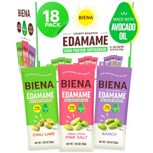 Biena Crispy Roasted Edamame Beans Snack – High Protein Low Carb Snack for Adults & Kids, 12g-13g Protein per Serving - Made w/Avocado Oil – Vegan, Gluten-Free – 18-Pack 1.05oz Variety Pack