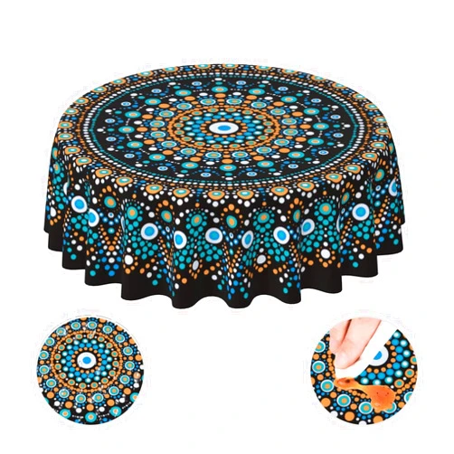YETTA YANG Mandala Black Blue Colorful Waterproof Picnic Patio Party Round Table Cloth Cover Decorations Fabric 60 Inch Circular Tablecloth for 20-47 Inch Home Dining Room Kitchen Decor