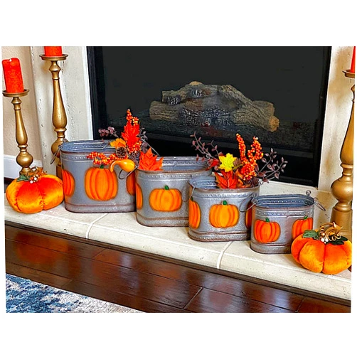 Inelkas Metal Bucket Set W Embossed Pumpkins Large Capacity Fall Autumn Thanksgiving American Indoor Outdoor (S/4 Silver Orange Pumpkins)
