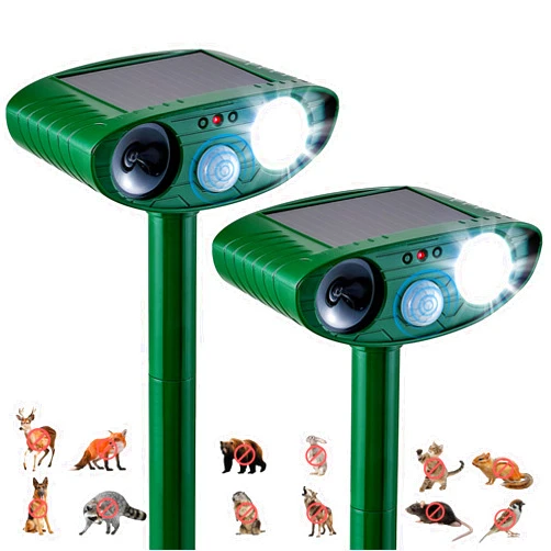TFKK 2 Pack Solar Animal Repeller for Raccoons, Deer & Squirrels - Ultrasonic & Strobe Light, Outdoor Deterrent for Cats, Dogs, Raccoons, Rabbits, Skunks, Foxes & More