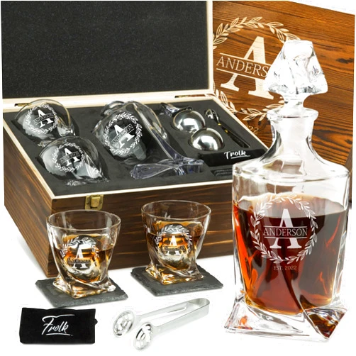 Frolk Personalized Whiskey Decanter and Stones Set - Customized Gift for Him - Men, Dad, Father - Engraved Twisted Whiskey Decanter, 2 XL Glasses, 2 XL Balls, 2 Coasters, Tongs, Pouch in Wooden Box