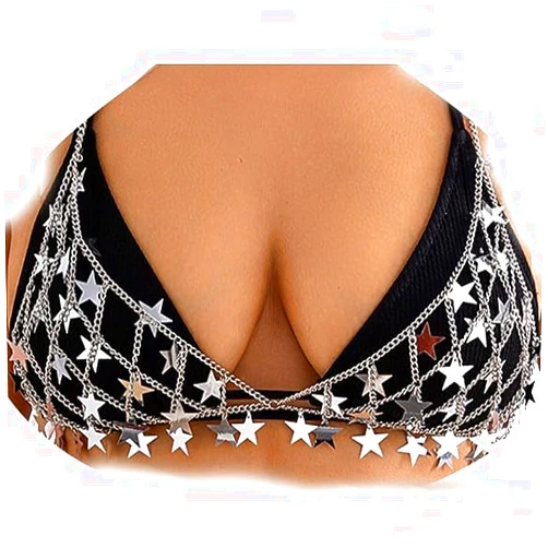 YERTTER Sexy Silver Star Fringe Bra Bikini Chain Body Chain Star Beach Luxury Jewelry Waist Underwear Chain for Women