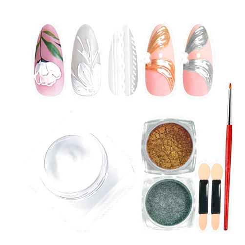 U-Shinein Mirco Sculpture Painting Nail Gel with Chrome Nail Powder, 3D White Painting Carved Nail Gel, Metallic Mirror Effect, Creative Molding Gel for DIY Nail Home Salon Manicure Soak Off UV LED