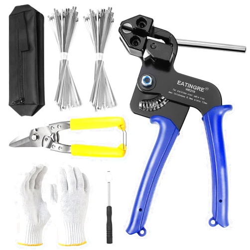 Eatingre Metal Zip Ties Tool, Stainless Steel Cable Tie Gun with 200PCS Self-Locking Metal Steel Zip Ties, Metal Tie Wrap Gun Kit, Duty Outdoor Adjustable Fastening Cutting Tie Tool Sets