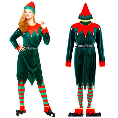 Newcotte Christmas Elf Costume Set Kids Adult Elf Costume Suit Elf Hat Santa Dress Stocking Shoe Belt Xmas