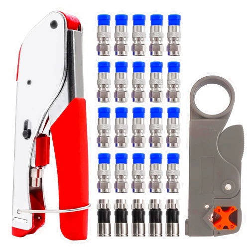 mxuteuk RG59 RG6 Coax Cable Crimper Tool Kit Coaxial Compression Tool Fitting Wire Stripper With 25pcs F Type RG6 Compression Connectors