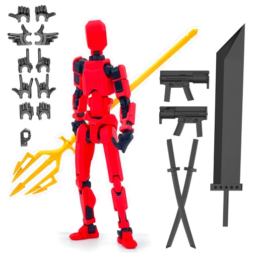 Deeplus (Assembly Completed) Titan 13 Action Figure, T13 Action Figure Robo 13 with Golden Giant Fork Weapon Giant Sword 3D Printed Dummy 13 Lucky 13 Multi-Jointed Movable Nova 13 Toy, (Red)