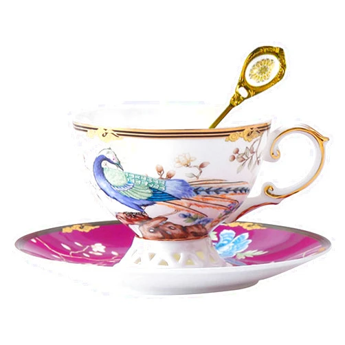 ACMLIFE Bone China Tea Cup and Saucer Set - Bone China Tea Coffee Cup and Saucer Set for 1, Fuchsia Vintage Teacups and Saucers for Women Tea Party or Gift Giving (Red-3)
