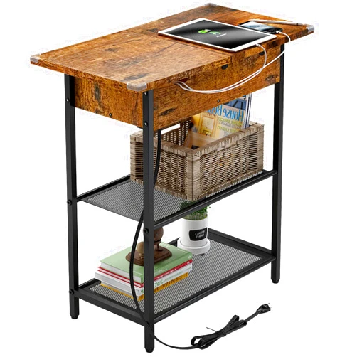 SAUCE ZHAN Sofa Side Table with USB Ports and Outlets, Narrow End Table with Storage Shelf for Small Spaces Bedside Nightstand with Charging Station for Living Room, Bedroom, Brown