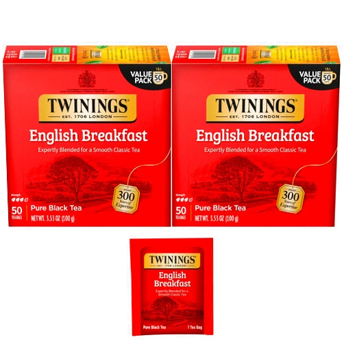 Twinings English Breakfast Individually Wrapped Tea Bags, 50 Count (Pack of 2), Flavorful, Robust Caffeinated Black Tea, Enjoy Hot or Iced