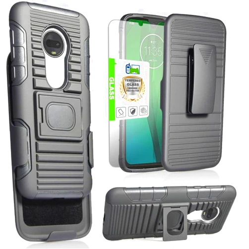 Telegaming for Motorola Moto G7 Phone Case, for T-mobile Revvlry+Plus Case, with Tempered Glass Screen Protector Belt Clip Holster Magnetic Ring Kickstand Shockproof Heavy Duty Phone Full Cover