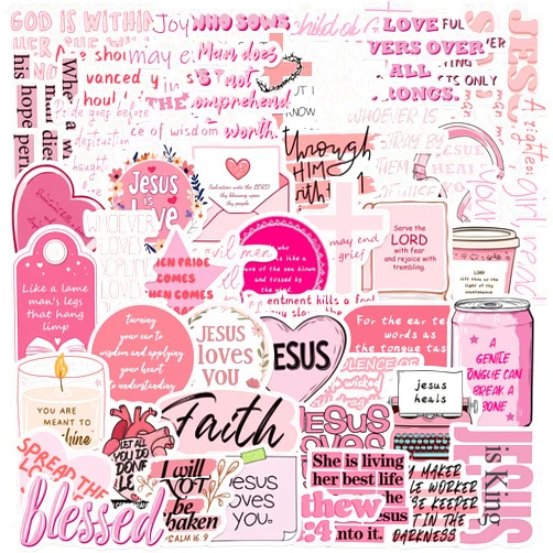 MUZIWAN 50Pcs Pink Jesus Stickers for Adults,Inspirational Bible Verse Water Bottle Stickers for Teens Kids Teachers, Journaling Scrapbook Laptop Positive Quote Vinyl Christian Sticker (Pink Bible)