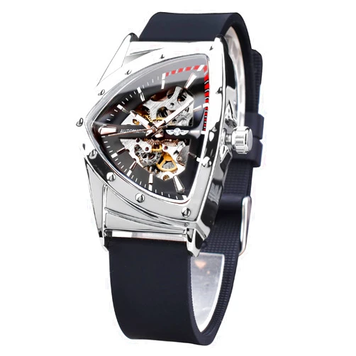 FORSINING Skeleton Watches for Men, Automatic Mechanical Watch with Triangle Dial, Luminous Self Winding Watches Stainless Steel Bracelet or Soft Silicone Strap