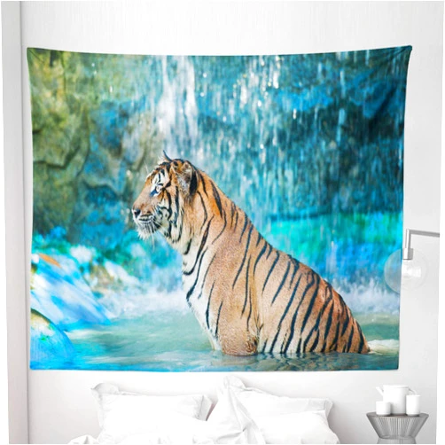 Ambesonne Tiger Tapestry King Size, Feline Beast in Pond Searching for Prey Sumatra Indonesia Scenes, Wall Hanging Bedspread Bed Cover Wall Decor, 104