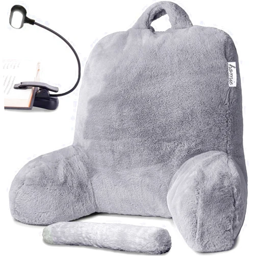 Homie Reading Pillow with Reading Light and Wrist Support, Has Arm Rests, and Back Support for Bed Rest, Lounging, Reading, Working on Laptop, Watching TV (Gray)