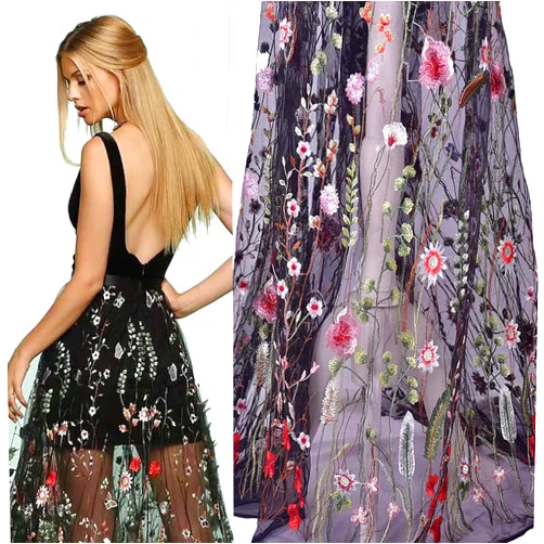TUIUSTU Black Mesh Length 107 “ Width 53” Colorful Floral Embroidered Lace Fabric by 3 Yards for Sewing Dresses Wedding