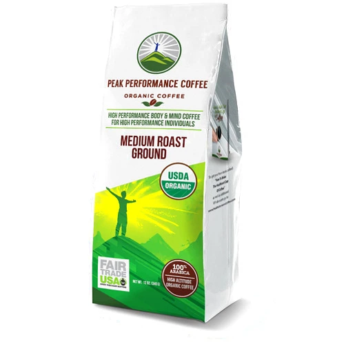 Peak Performance High Altitude Organic Coffee. Fair Trade, Low Acid, Non GMO, and Beans Full Of Antioxidants! Medium Roast Smooth Tasting USDA Certified Organic Ground Coffee Bag