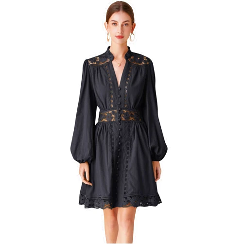 LAI MENG FIVE CATS Women's V-Neck Elegant Lace Long Sleeve Lantern Sleeve Button up Casual Mini Dress