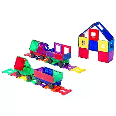 Playmags 50 Piece Accessory Set - with Stronger Magnets, STEM Toys for Kids, Sturdy, Super Durable Magnetic Tiles with Vivid Clear Color Tiles with 4 Cars