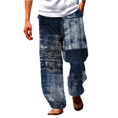 Generic Mens Cotton Linen Pants Casual 3D Printed Baggy Harem Pants Summer Beach Elastic Waist Yoga Trousers