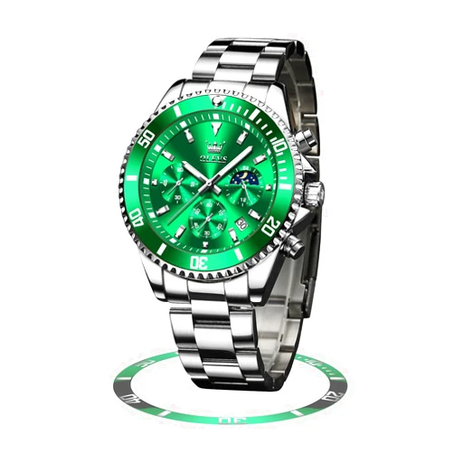 OLEVS Men's Watches with Date, Premium Gold and Silver Stainless Steel Analog Watches for Men, Classic Rotatable Bezel Men's Cuff Watches, Blue/Green/Black Dial